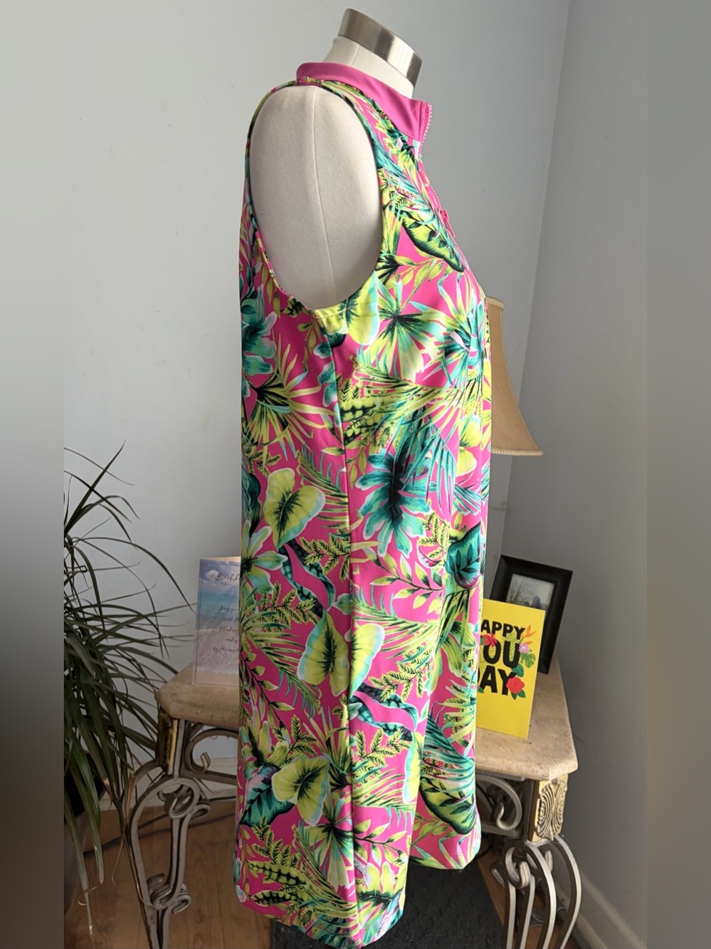 Tommy Bahama Pink Tropical Leaf Sleeveless Dress With Pockets & Front Zip Size L - Picture 4 of 16